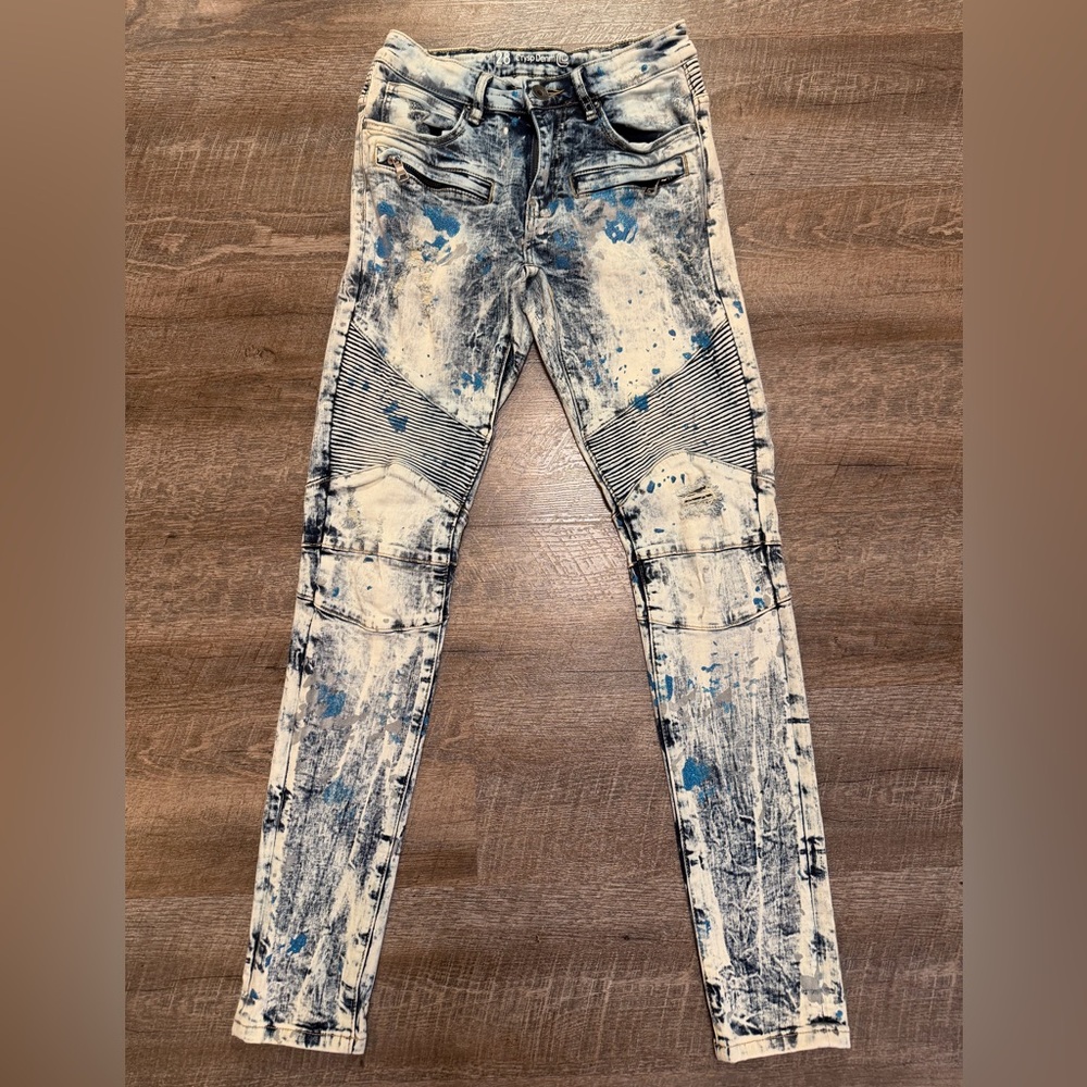 Crysp Denim Stylish Blue Acid Wash Biker Skinny Stretch Jeans